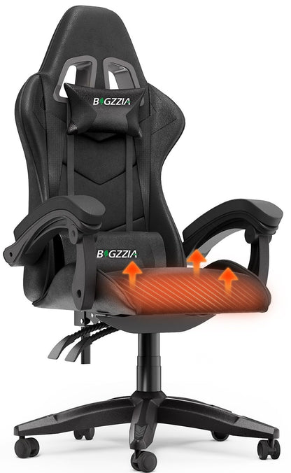 Bigzzia Gaming Chair with Heated Cushion Ergonomic Video Game Chairs with Pillow and Lumbar Support Racing Style Height Adjustable Computer Chair with 360°-Swivel Seat for Adults (Black)