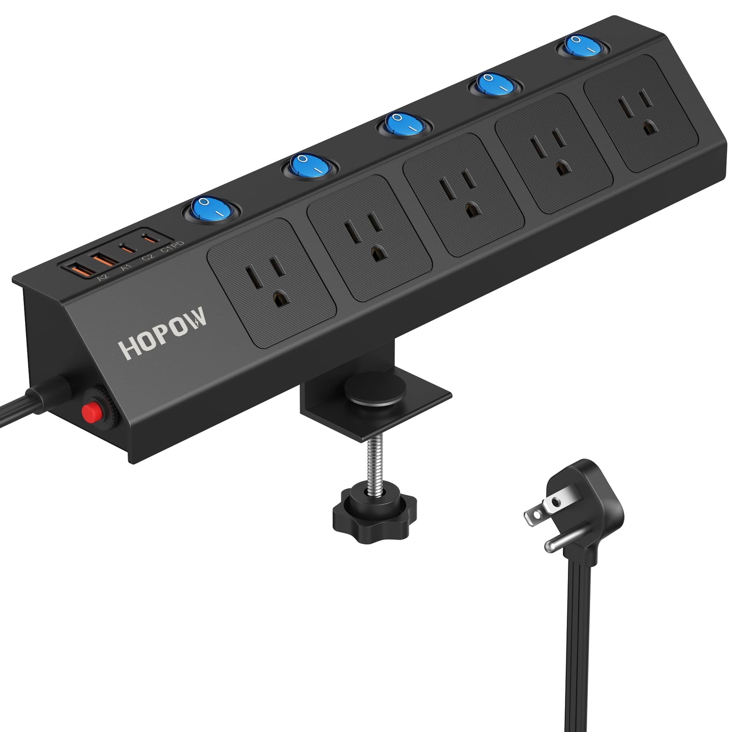 Desk Clamp Power Strip with 20W USB C Desktop Mount Charging Station with Individual Switches 1700 Joules Surge Protector Fit 1.7" Tabletop Edge 10Ft Extension Cord for Home Office Black