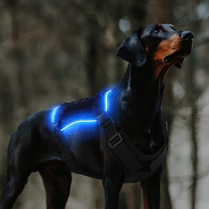 PcEoTllar Light Up Dog Harness Rechargeable Lighted Tactical Dog Harness RGB LED Dog Harness Outdoor Adjustable Dog Vest for Night Walking HikingTraining L
