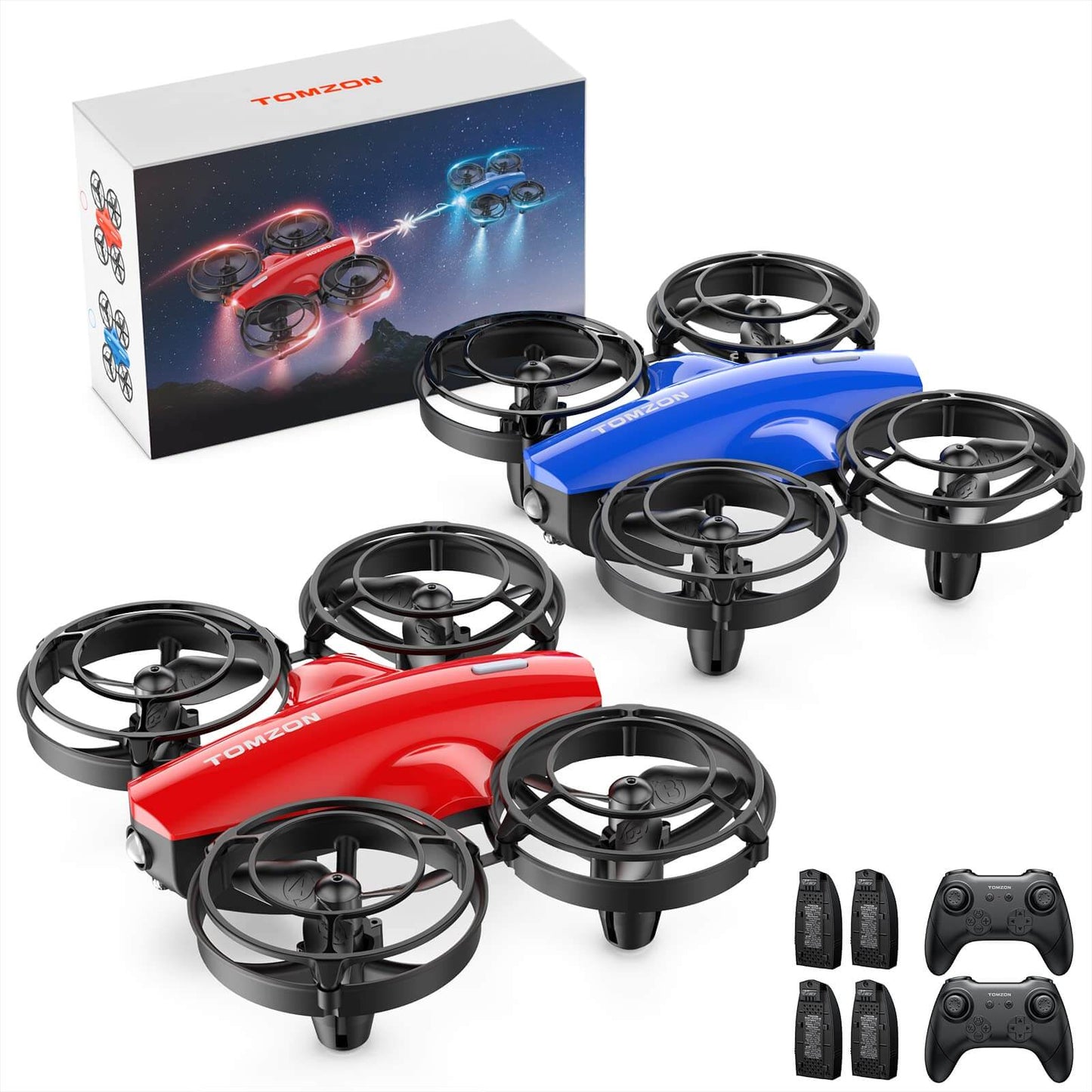 TOMZON mini drone for kids in red and blue colors, two pack with controllers and battery, designed for easy flying and fun.