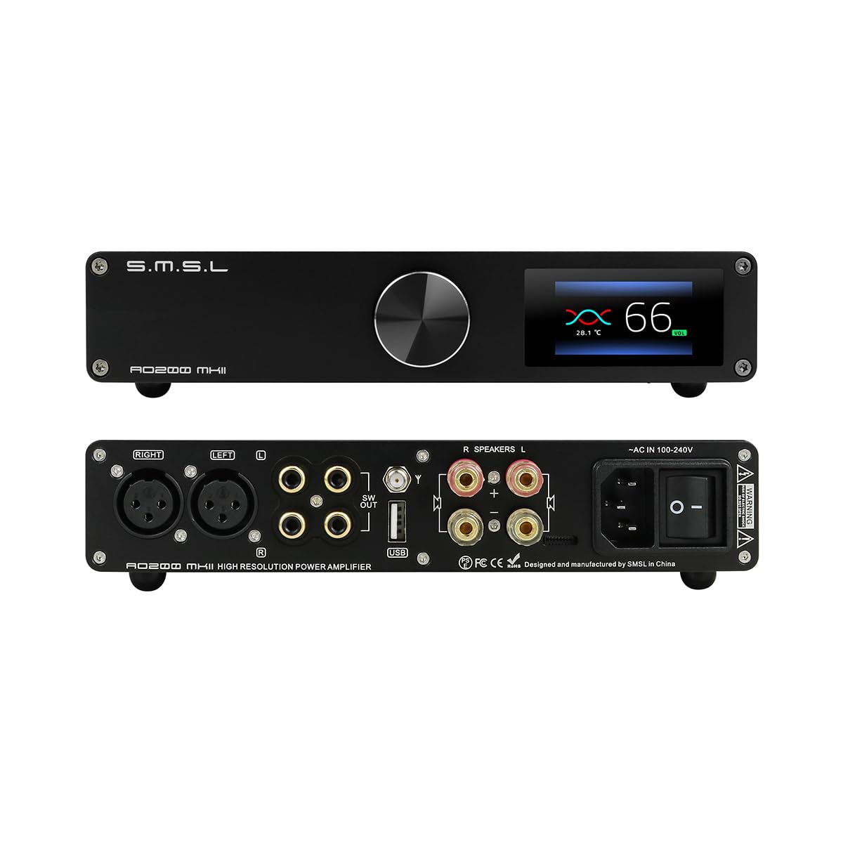 SMSL AO200MKII HiFi Power Amplifier MA5332MS Chip 160W x 160W Class D Amp USB/RCA/XLR Input Stereo Amps 2.1 Channel Digital Audio Amplifiers for Desktop Bookself Home Subwoofer/Passive Speaker