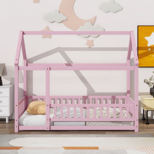 Twin Size Floor Wooden Bed With House Roof Frame Fence Guardrails Pink