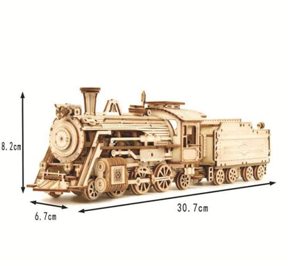 3D steam train puzzle toy displayed with dimensions, showcasing intricate mechanical parts and design.