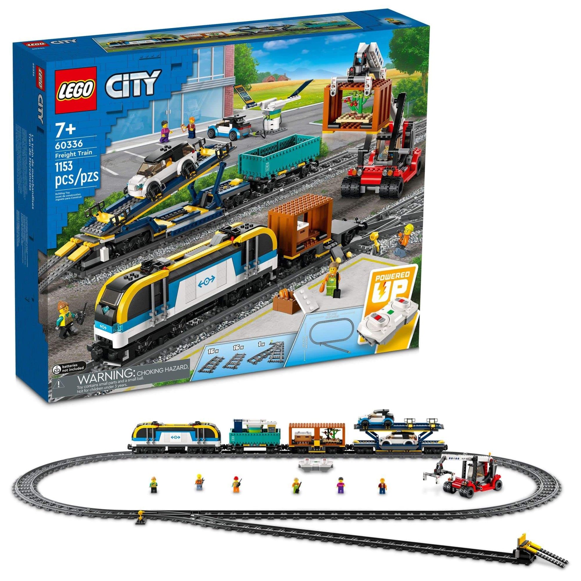 LEGO City Freight Train remote control set featuring a freight train, wagons, and track for kids aged 7 and above.