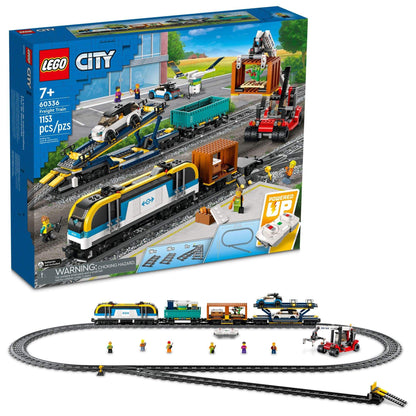 LEGO City Freight Train remote control set featuring a freight train, wagons, and track for kids aged 7 and above.