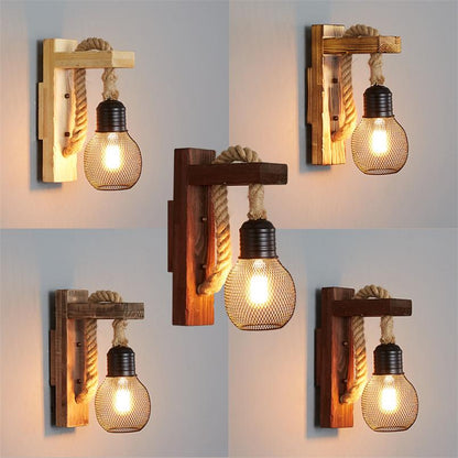 American Creative Wood Wall Light with Iron Shade
