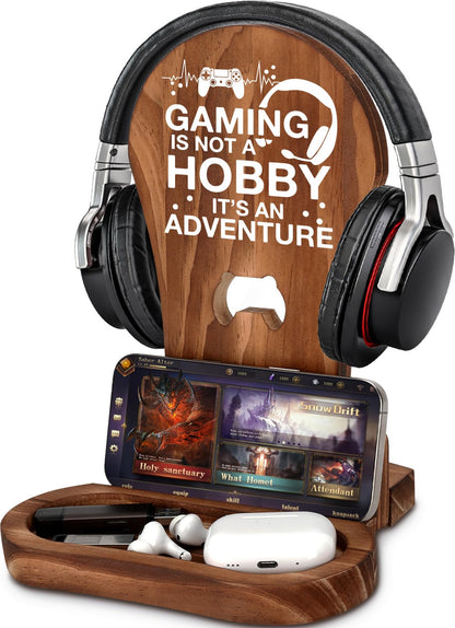 CryCarrot Gamer Gifts for Teenage Boys Gaming Headphone Stand for Men Gaming Room Decor Wooden Headset Holder Son Boyfriend Husband Game Lover Gifts -Sorry I Cant Hear You Im Gaming