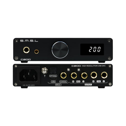 SMSL C200 ES9038Q2M HiFi DAC Headphone Amplifier DSD512 32Bit/768kHz USB/Optical/Coaxial/Bluetooth 5.1 to 4.4mm/6.35mm/RCA/TRS Digital Analog Converter for Phone/PC/PS5