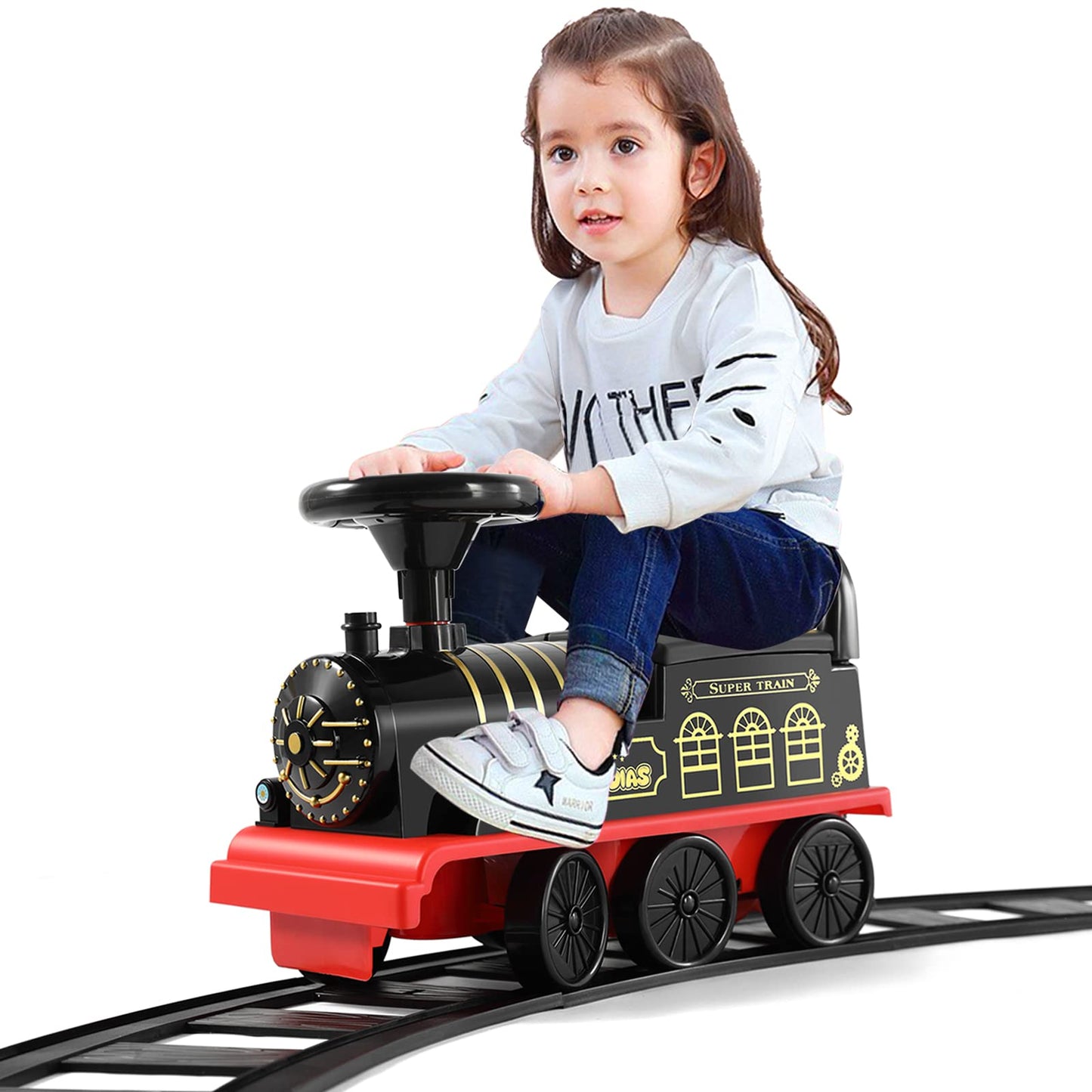 JOYLDIAS 3-in-1 Ride On Train with 16pcs Curved Tracks 6V Electric Ride On Toy Train for Kids with Lights Horns Storage Retractable Foot Pedals for Toddlers Under 39 inch Black