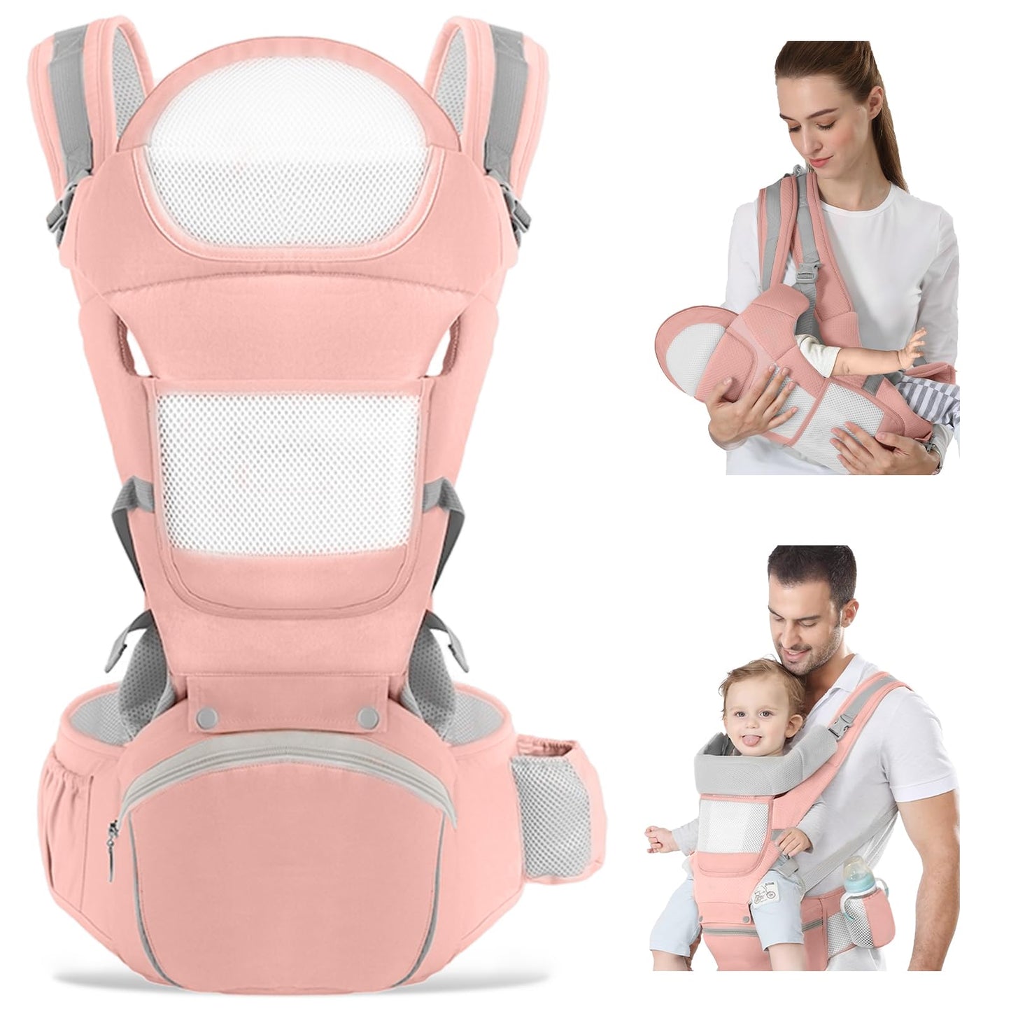 Baby Carrier with Hip Seat Newborn to Toddler Ergonomic M Position Toddler Carrier 6in1 Head Support Infant Carrier Mesh Baby Carriers for Mom (Pink)