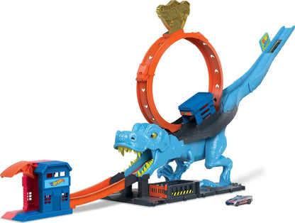 Hot Wheels City Toy Car Track Set T-Rex Chomp Down with 1:64 Scale Vehicle Knock Out The Giant Dinosaur with Stunts Connects to Other Sets