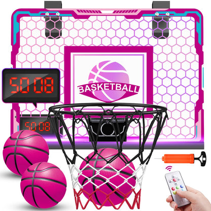 VATOS Basketball Hoop for Girls Indoor Pink Basketball Hoop with Electronic Scoreboard & Remote Controller Mini LED Basketball Hoop Set Toys Birthday Gifts for 3 4 5 6 7 Years Old Girls Kids Teens