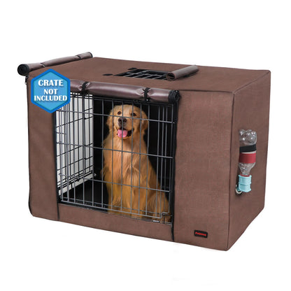 Peipaws Dog Crate Cover 24 Inch - Waterproof Kennel Cover with Top Window 600D Oxford Fabric Dog Cage Cover Fit for Most Double Door Wire Crate Unique Drinking Hole Design Brown (Cover Only)