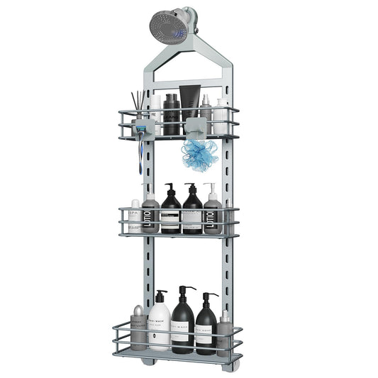 Hanging Shower Caddy 3 Tier Adjustable Basket Over Shower Head Shower Organizer Hanging with Hooks Shower Racks for Inside Shower Shelf Anti-Swing Bathroom Organizer Shelves Silver
