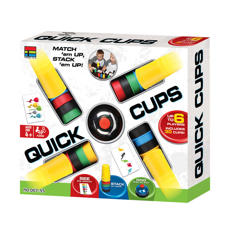 Children's stacking cup game Quick Cups packaging with colorful cups and cards, suitable for 4+ players.