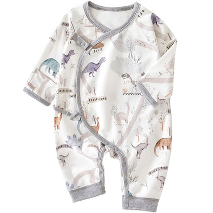 BINIDUCKLING Baby Kimono Side Snap & Tie Wrap Over Romper with Mitten Cuffs 3-6 Months Leaves