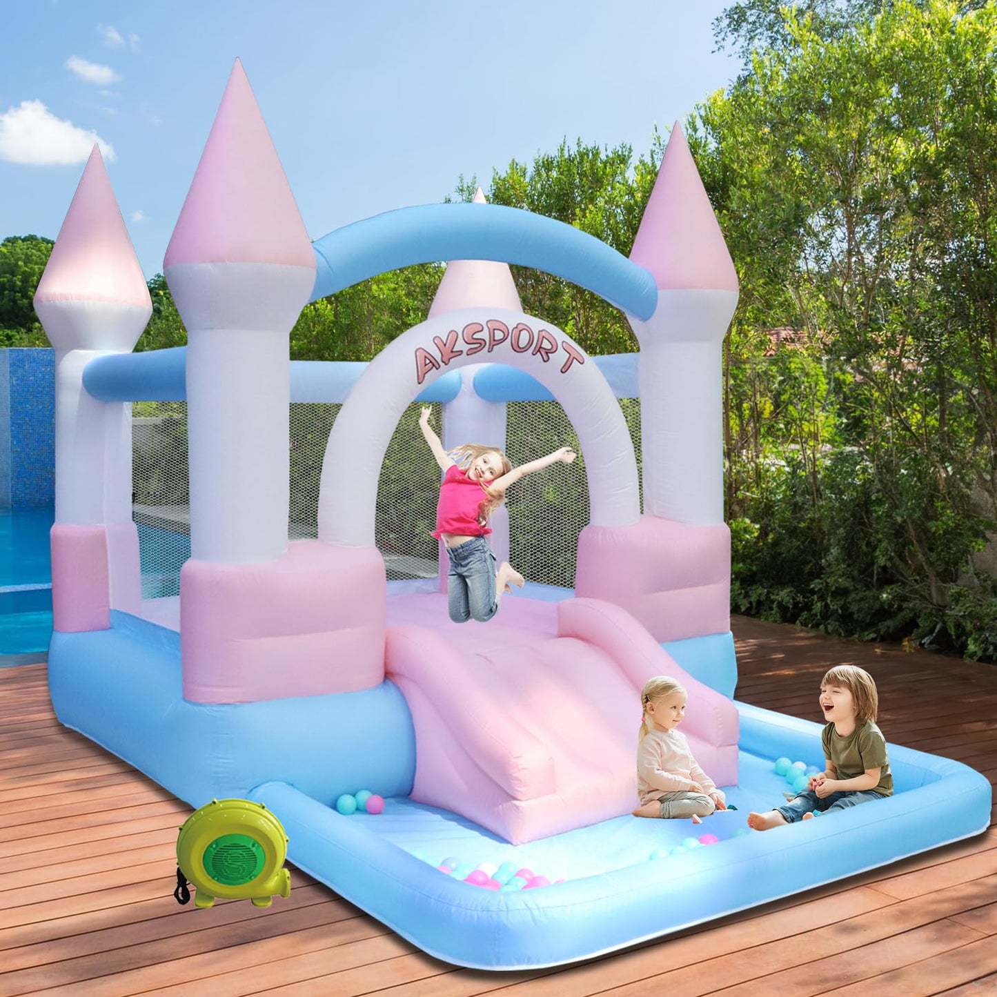 AKSPORT Inflatable Bounce House for Kids，Macaron Bouncy Castle with Air Blower & Slide & Large Ball Pool for Birthday Party Wedding Gift Indoor & Outdoor11.8FT*8.2FT*8.5FT