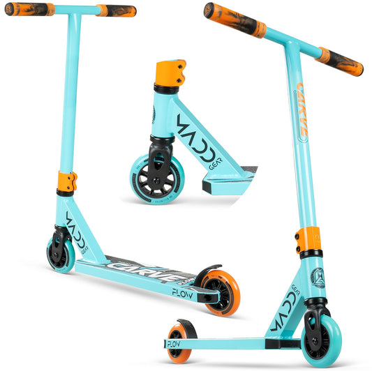 Madd Gear Carve Flow-X Pro Scooter Complete - Stunt Scooter for Kids 4 Years and Up - Aircraft Grade Aluminum BMX Freestyle Trick Scooter - Lightweight Reinforced Deck for Beginners (Teal/Orange)