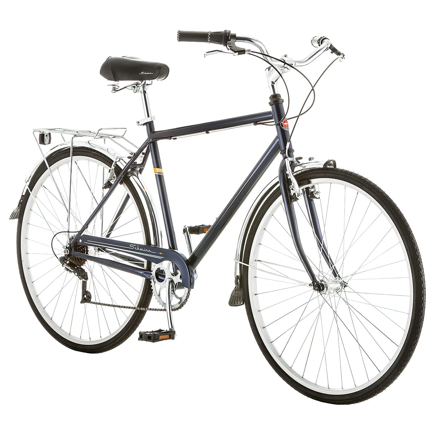 Schwinn Wayfarer Adult Hybrid Bike Mens and Womens 18-Inch/Medium Steel Step-Over Frame 7-Speed Drivetrain Rear Rack 700C Wheels Blue