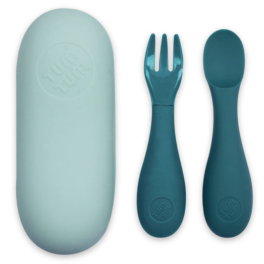 TUM TUM Baby Cutlery with Case Baby Spoon & Fork Set Baby Cutlery for Babies First self Feeding Cutlery Silicone Baby Spoon & Fork 6 Months Plus (Blue)