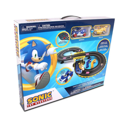 Sonic and Tails slot car race set packaging featuring a vibrant design and exciting racing action track.