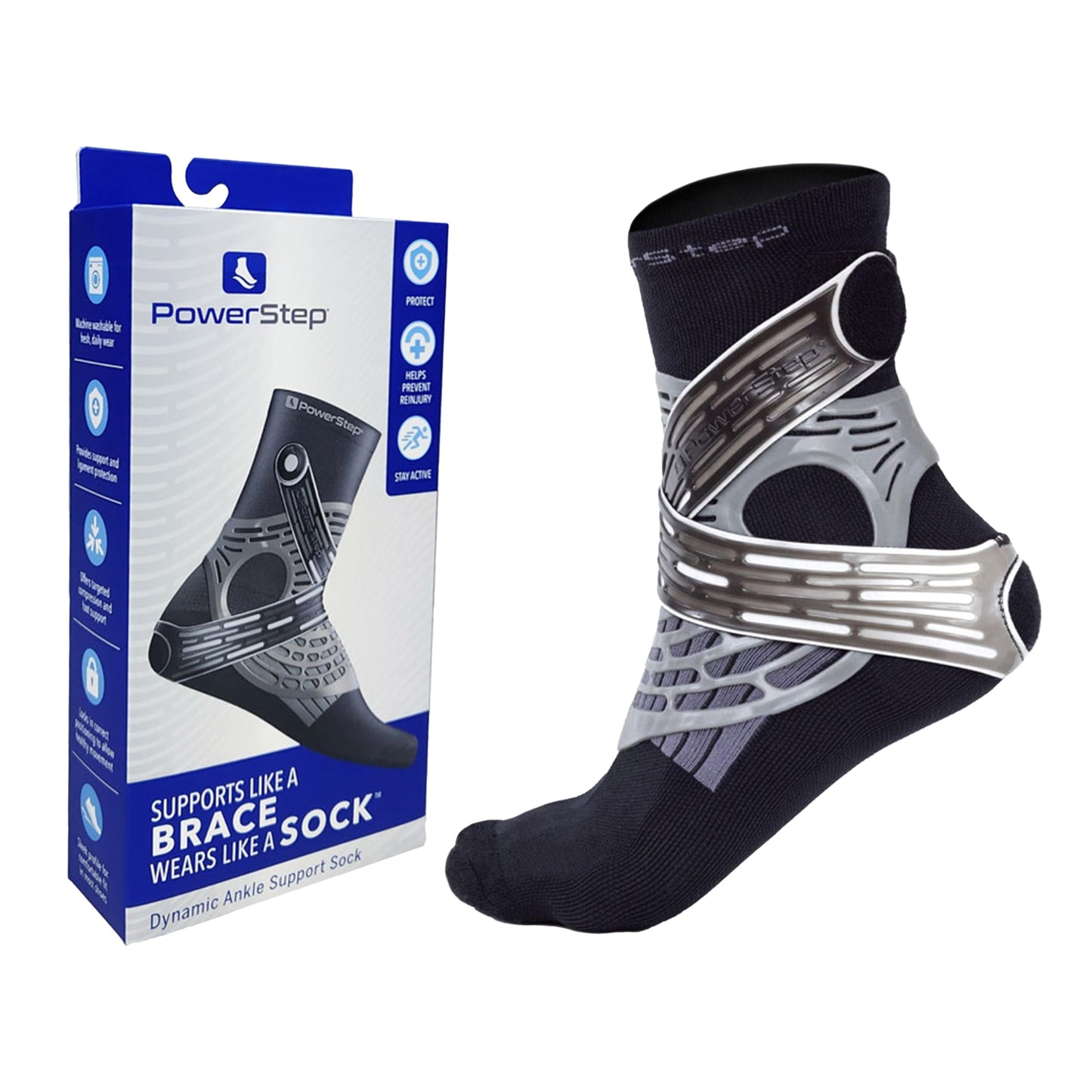 Powerstep Unisexs Dynamic Stability Ankle Brace and Compression Sock for Flexibility Support and Injury Prevention Black Left Medium