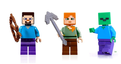 LEGO Minecraft minifigure combo pack featuring Steve, Alex, and a Zombie in colorful designs.