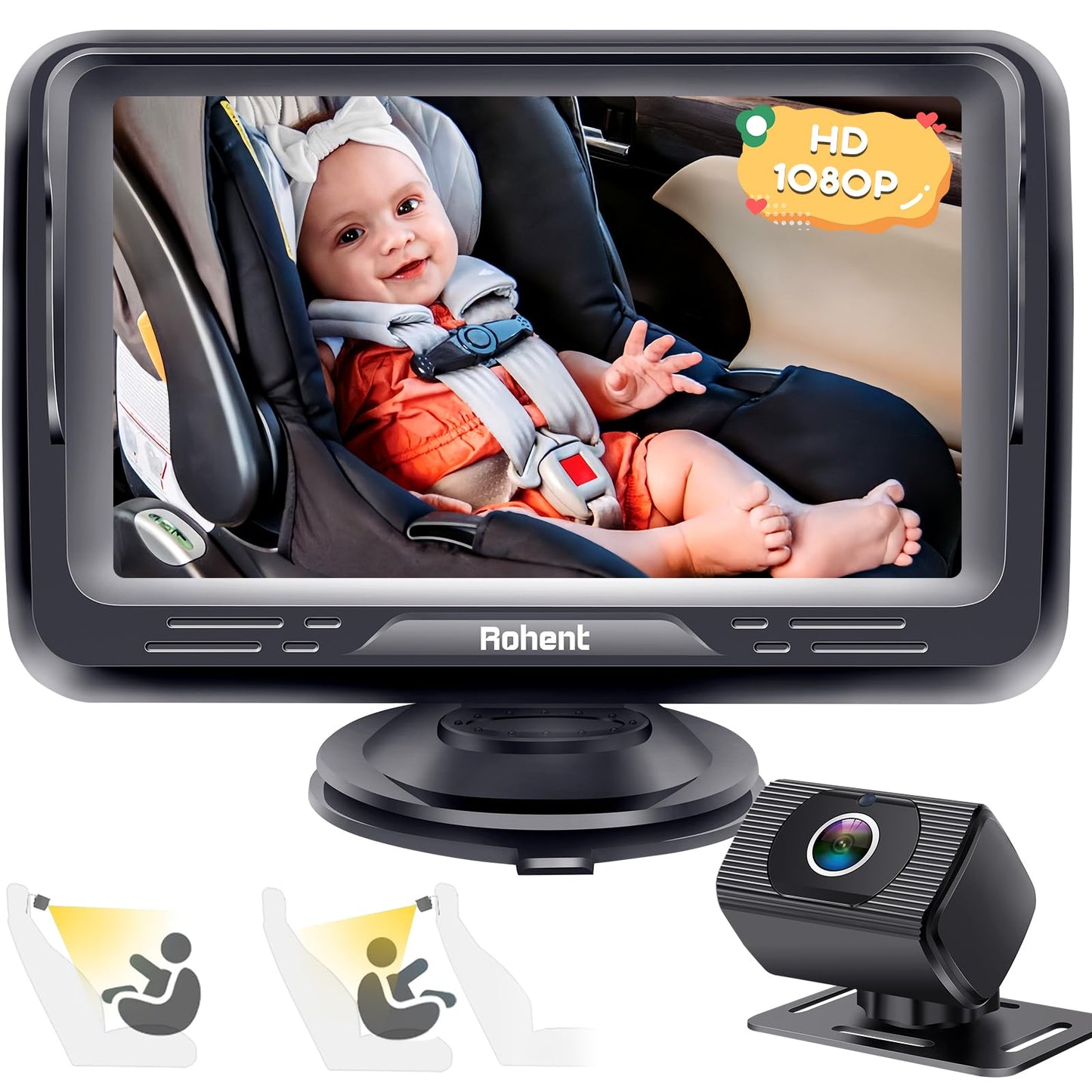 Rohent Baby Car Camera HD 1080P - Rear-Facing Infant Monitor with Night Vision 150° Wide-Angle Lens Anti-Glare Screen Easy Install 360° Adjustable Display