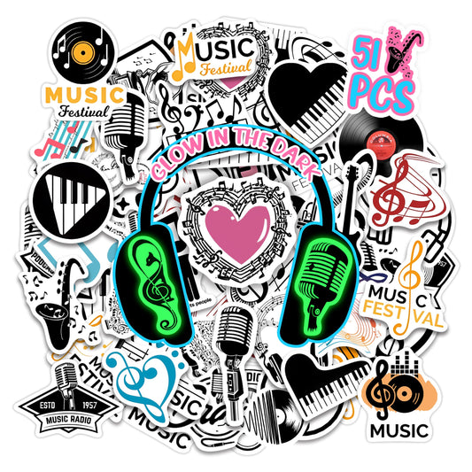 50 Pcs Glow in The Dark Music Themed Stickers for Kids Adults Classic Color Matching Vinyl Waterproof Water Bottle Laptop Decals Music Lovers Phone Case Scrapbook Guitar Skateboard Decoration