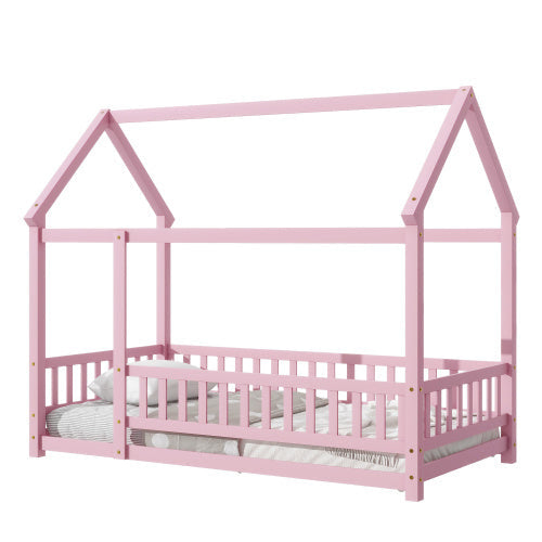 Twin Size Floor Wooden Bed With House Roof Frame Fence Guardrails Pink