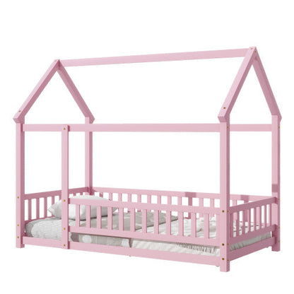Twin Size Floor Wooden Bed With House Roof Frame Fence Guardrails Pink