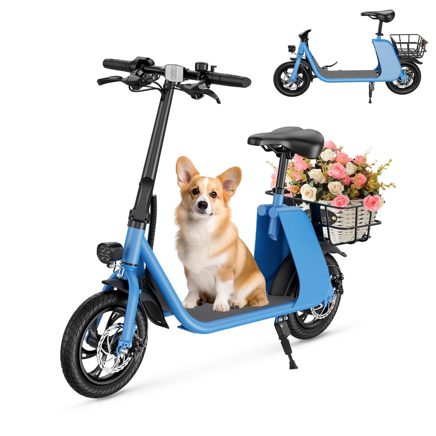 WINDHORSE Peak 680W Electric Scooter with Seat 20 Miles Range Foldable Electric Scooter for Adults 300LBS Max Load E Scooter for Commuting with Basket 20 MPH Max Speed 12.5" Tires (Blue)