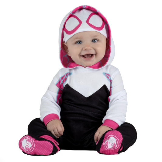 Marvel Spider - Gwen Official Infant Deluxe Halloween Costume - Premium Minky Fabric and Non-Slip Grip Booties (6-12M)
