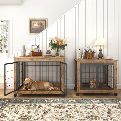 Furniture Double Door Dog Cage Rustic Brown