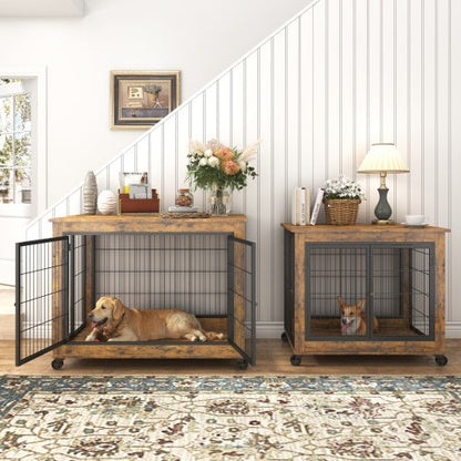 Furniture Double Door Dog Cage Rustic Brown