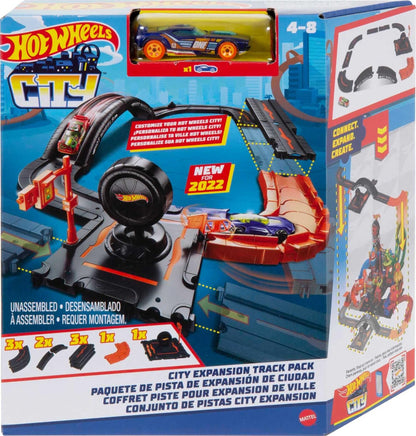 Hot Wheels Toy Car Track Set Pack 10 Track-Building Parts with City Square Bridge & 1:64 Scale Vehicle Connects to Other Tracks
