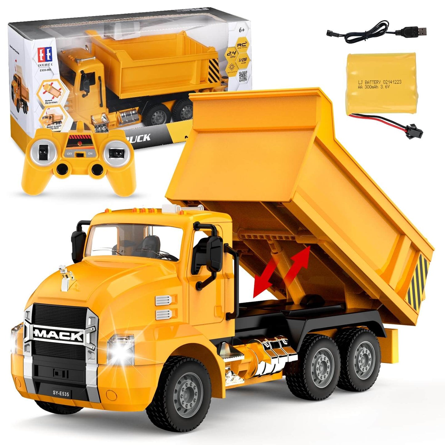 DOUBLE E Mack RC dump truck toy for kids, remote control dump truck for kids, featuring lights and durable design.