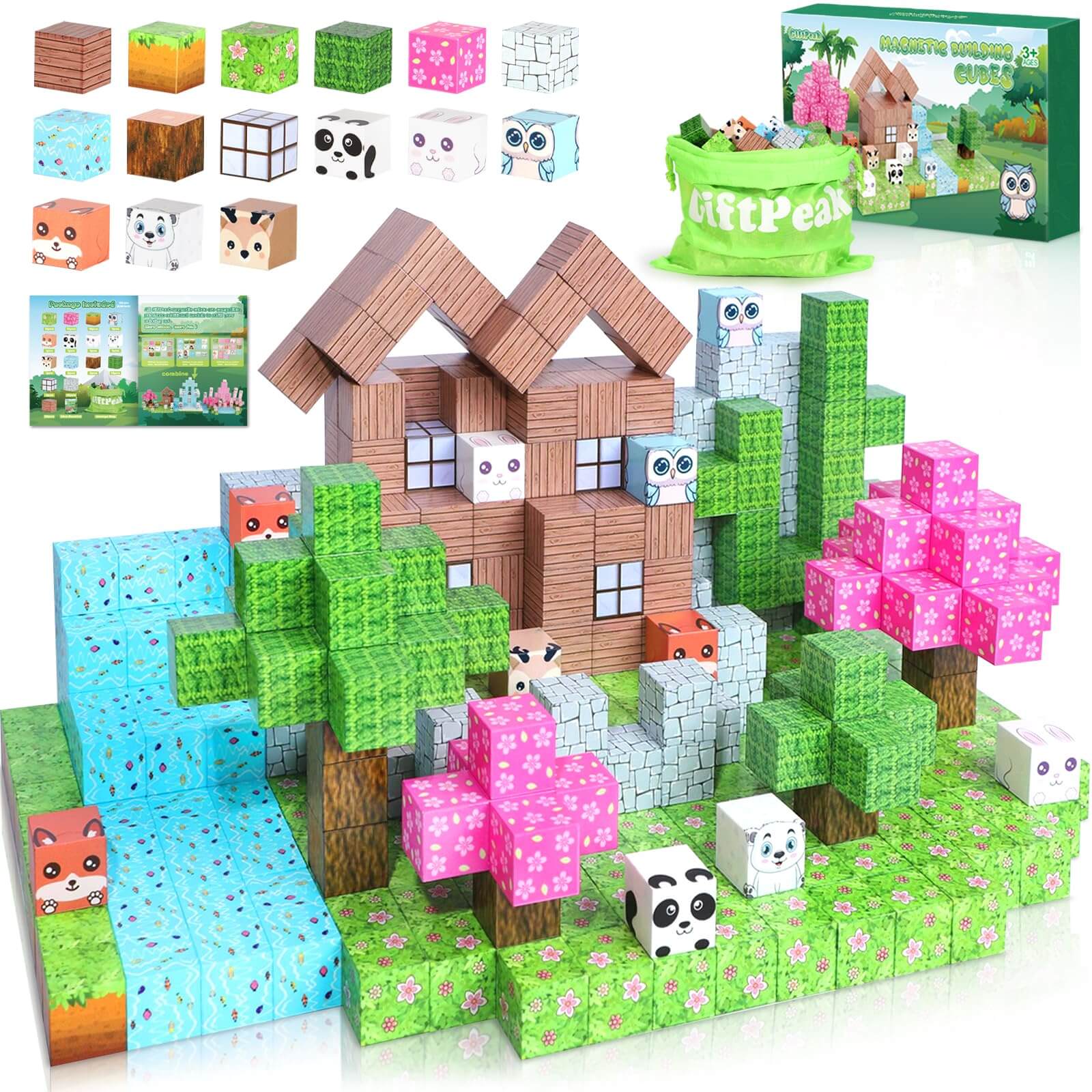 Minecraft magnetic building blocks for kids - 100PCS Forest Set with colorful patterns, trees, and cute animal designs.
