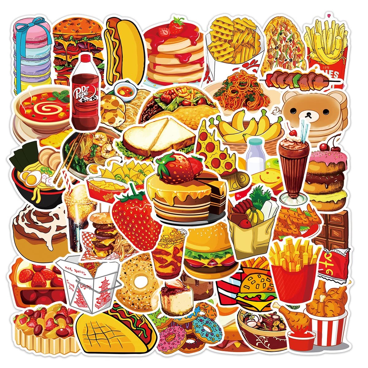 Food Stickers 50 Pieces Food Dessert Waterproof Vinyl Stickers Vinyl Sticker Decal Decor Waterproof