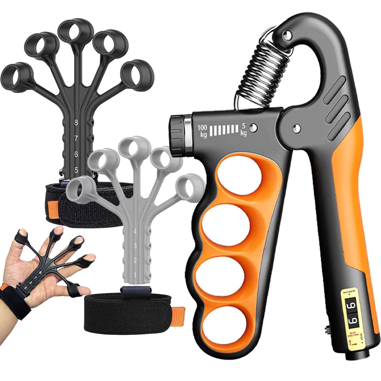 Hand Grip Strengthener Forearm Strength Trainer- Adjustable Resistance 11-220Lbs Hand Grip with CountingFinger Exerciser Hand Extension Exerciser for Muscle Building and Injury Recover Combo Set