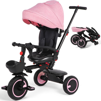 Toddler Tricycle with Push Handle for 7 Months-5 Years Baby Tricycle with Rotatable Seat 8 In 1 Kids Trike with Safety Harness Canopy Double Brakes Toddler Push Bike Birthday Gifts for Baby Pink