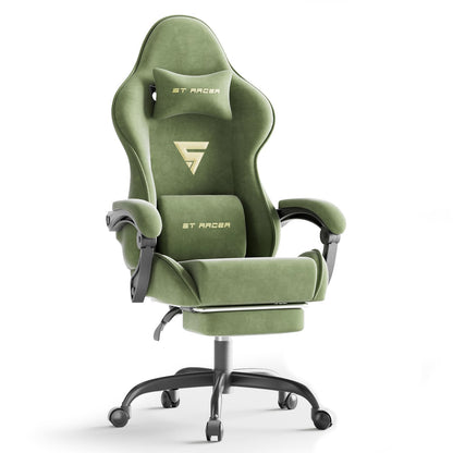 Ferghana Velvet Fabric Ergonomic Gaming Chair with Footrest and Massage High Back Reclining Computer Gamer Chair for Adult Racing Style PC Video Game Chair Suitable for Home Office (Green)
