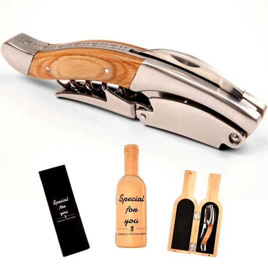Semecca® Corkscrew Wine Opener Waiters Corkscrew Double Stage The perfect Wine Opener and Wine key Wine Bottle Shaped Wooden Box Gift for Wine Lovers (Naturalwood)