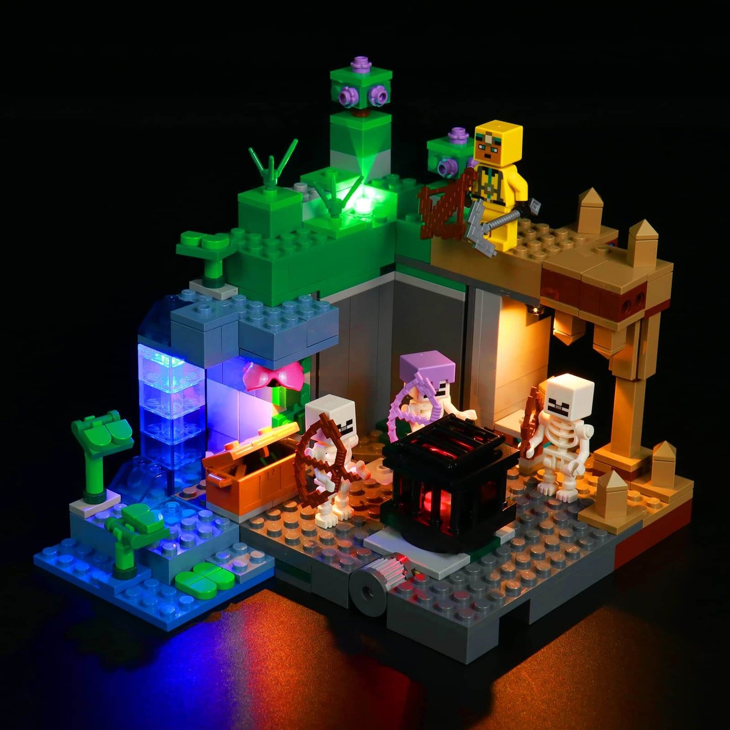 LED light kit for Lego Minecraft dungeon illuminating the Skeleton Dungeon with vibrant colors and details.