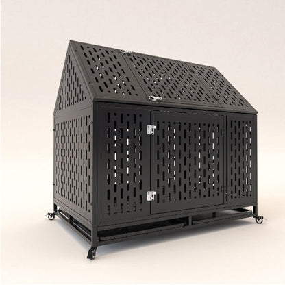 Heavy Duty Dog Crate 45 Inch Indestructible Pet Dog Cage Crate Kennel With Roof Top 2 Doors Removable Trays
