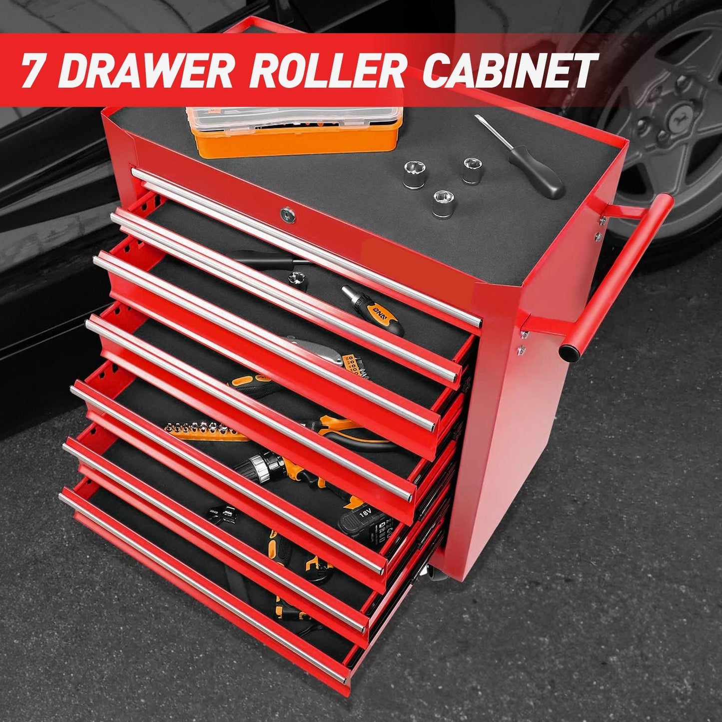 Steel Rolling Tool Cart With 7 Drawer Tool Box With Wheels Multifunctional Tool Cart Mechanic Tool Storage Cabinet For Garage, Warehouse, Workshop, Repair Shop