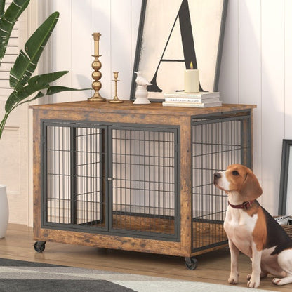 Furniture Double Door Dog Cage Rustic Brown