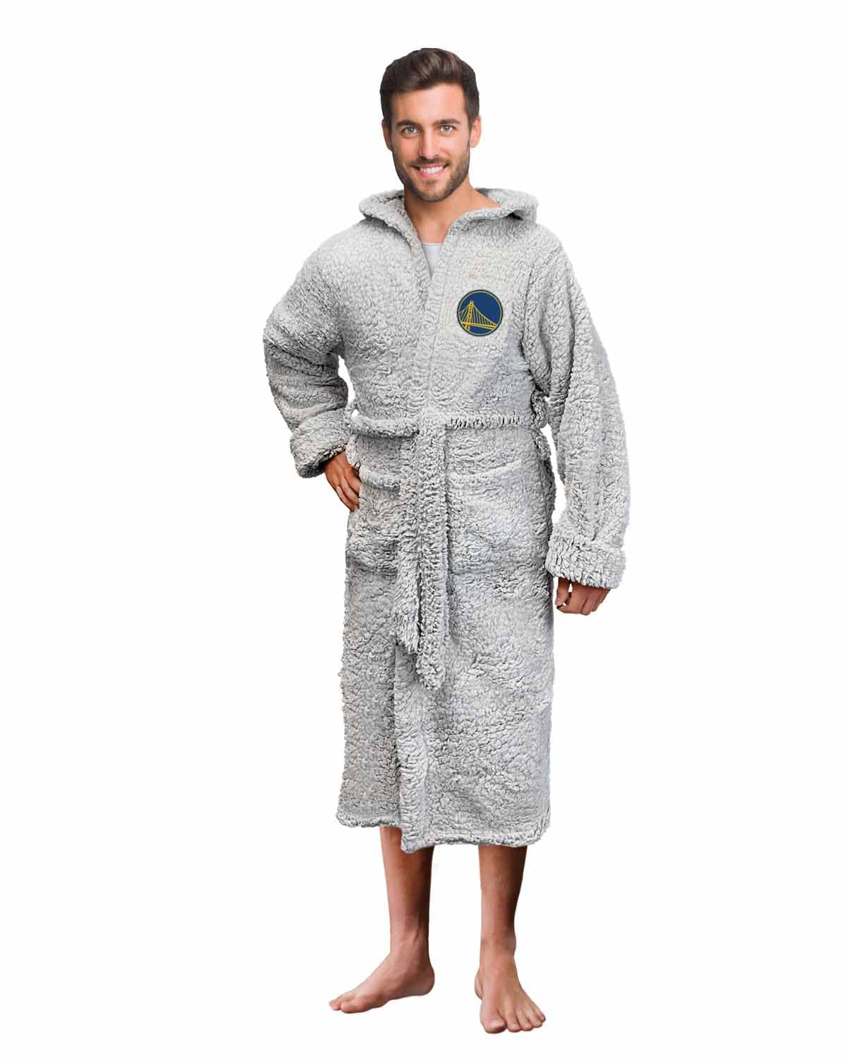 Northwest NBA Adult Plush Hooded Robe with Pockets - 100% Polyester Sherpa Blend - Machine Washable - Relaxation & Style (Golden State Warriors - Gray Adult One Size)