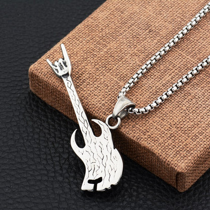Rock Skull Guitar Pendant Necklace in Titanium Steel