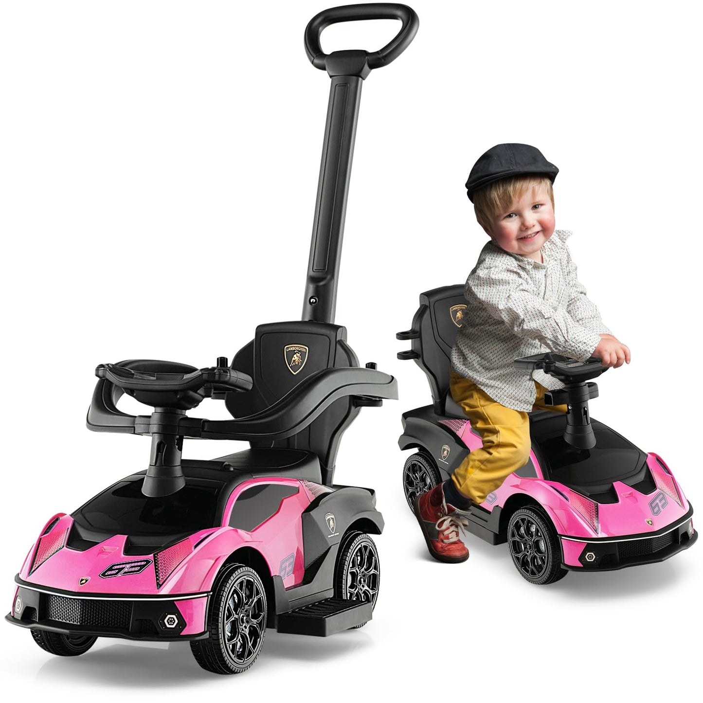 Nightcore 3-in-1 Push Car for Toddlers Licensed Lamborghini Stroller Sliding Car with Push Handle & Arm Guardrails Horn Under Seat Storage Ride on Kids Toy Car for Boys & Girls (Pink)